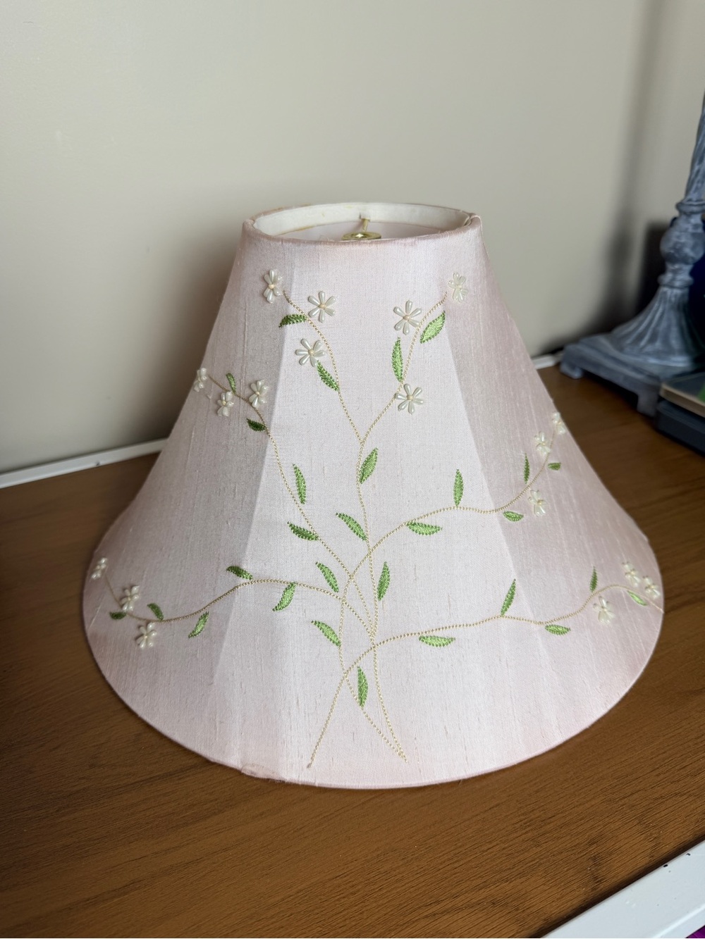 Vintage Cottagecore Pink Shantung Beaded Lamp Shade Shabby Chic, Nursery